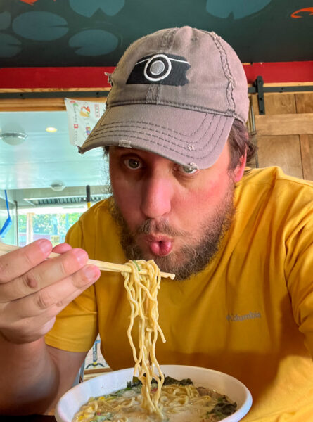 The author eating ramen at Sango Kura Sake Brewery near Stroudsburg PA