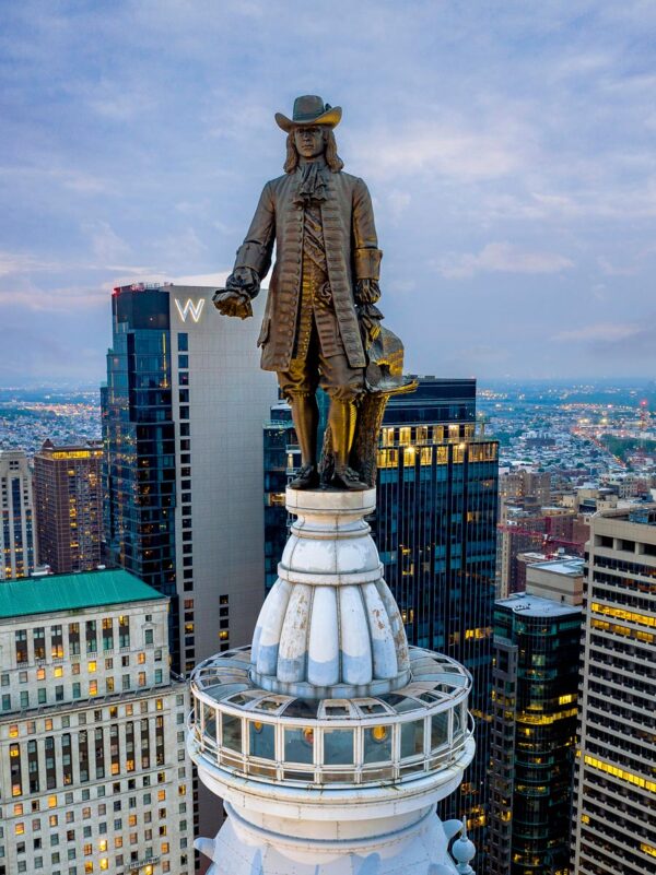 Drone photo of the William Penn Statue atop City Hall in Philadelphia Pennsylvania