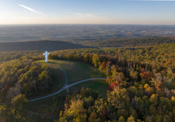 The path to the Great Cross of Christ winds its way up Dunbar Knob in the Laurel Highlands.