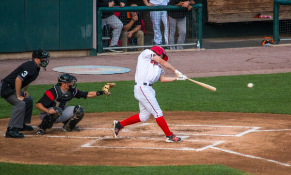 Batter hitting a ball at at Harrisburg Senators baseball game