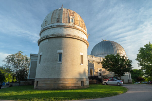 The exterior of the Allegheny Observatory in Pittsburgh under blue skies
