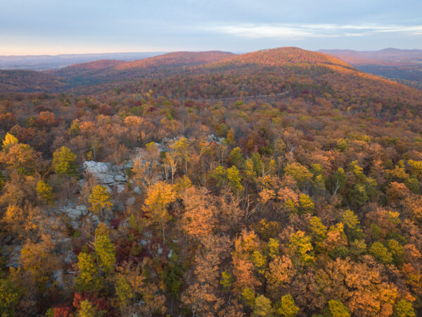 Aerial view of Hammonds Rocks in Michaux State Forest at Sunset