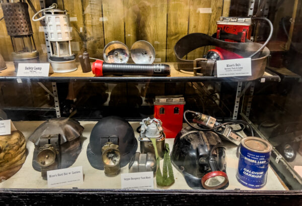 Coal mining equipment in a display case at the Coalport Area Coal Museum in Clearfield County Pennsylvania