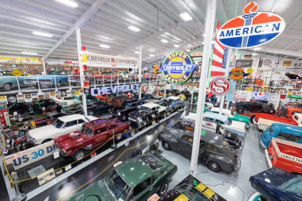 Looking over the floor full of cars at the Eagles Mere Auto Museum in Sullivan County PA