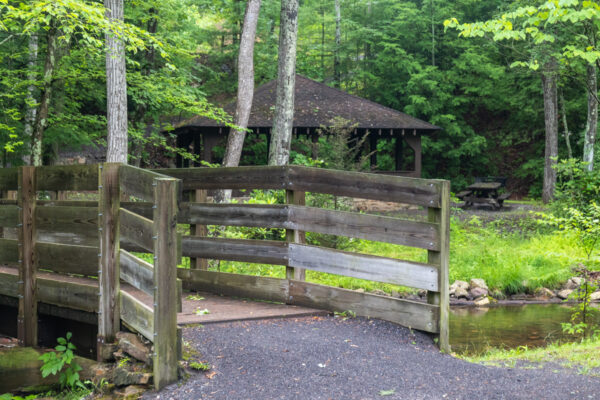 Wooden bridge over Rapid Run in Sand Bridge State Park in Pennsylvania