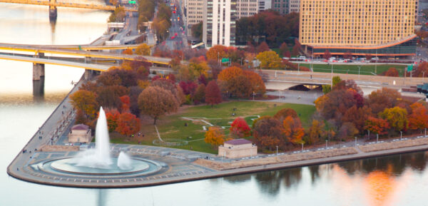 Point State in Pittsburgh with Fall Colors as seen from Mount Washington