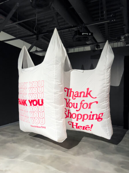 Giant shopping bags at WonderSpaces in Philadelphia.