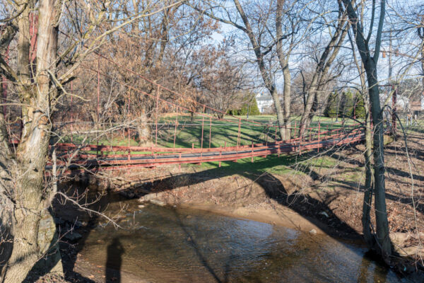 The swinging bridge in Butler PA crossing over Sullivan Run.