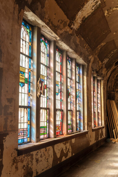 Stained glass windows in the abandoned Odd Fellows Hall in Carlisle PA