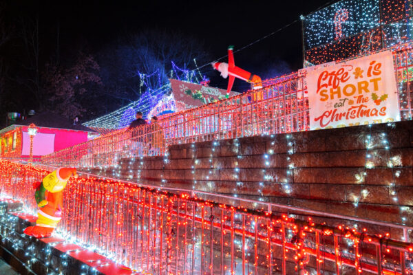 The entrance to Christmas on the Mountain in Reading, PA is covered in lights.