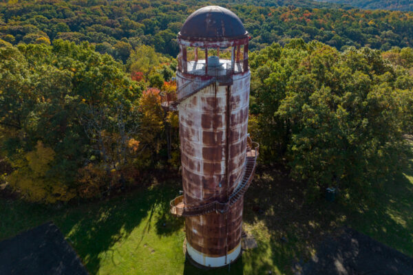 An aerial view of the North Park Water Tower near Pittsburgh PA