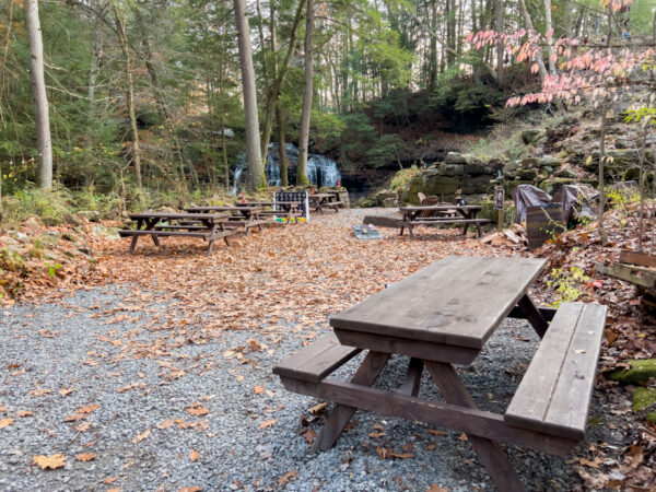 Picnic tables in the beer garden at Cobblehaus at the Falls near Mercer PA