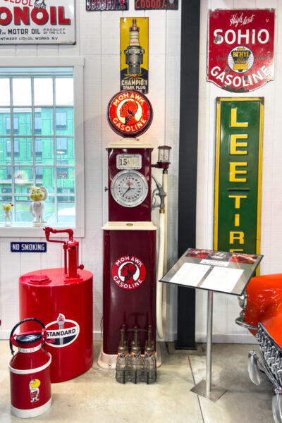 Vintage gas station equipment on display at Barry's Car Barn in Lancaster County PA