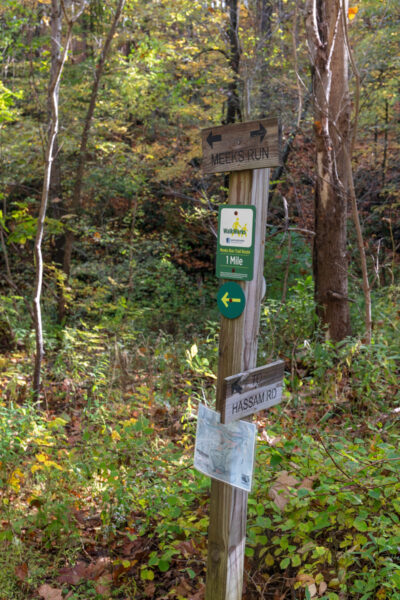 A trail marker in Montour Woods in Allegheny County Pennsylvania