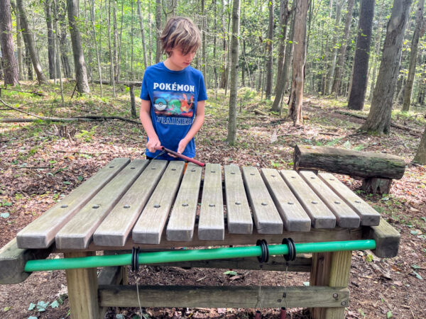 Boy playing an outdoor wooden musical instrument in Eagles Mere PA