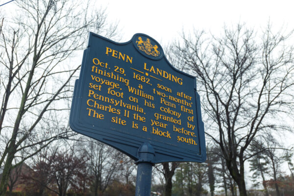 The historic marker in William Penn Landing Site Park in Chester Pennsylvania