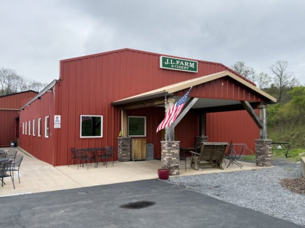 The red exterior of the 814 Cider Works tasting room near State College Pennsylvania