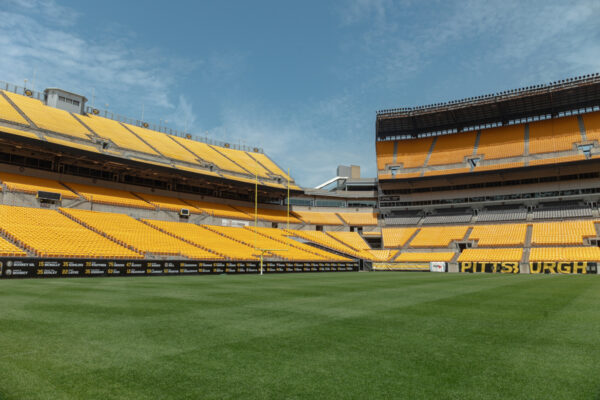 View of Acrisure Stadium from the field as seen on a tour of the Pittsburgh Steelers' Stadium