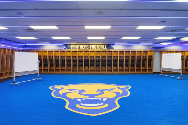 University of Pittsburgh football team locker room as seen on a tour of Acrisure Stadium.