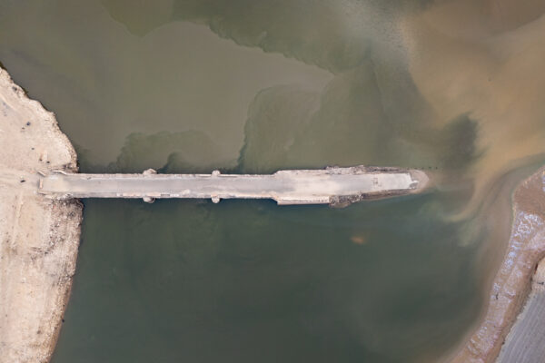 Aerial view of the Great Crossings Bridge and the Youghiogheny River Lake in the Laurel Highlands of PA