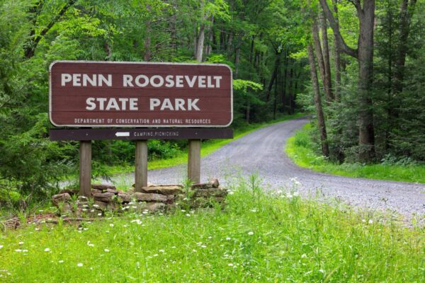 Welcome sign for Penn-Roosevelt State Park in Centre County PA