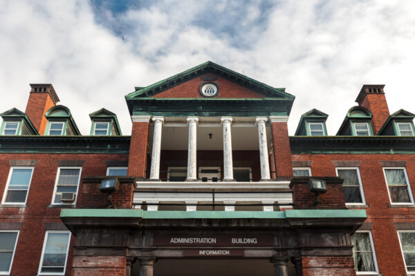 The front facade of the Administration Building at the Harrisburg State Hospital in Pennsylvania.