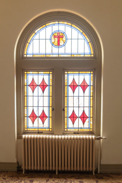 A stained glass window inside the chapel at Harrisburg State Hospital in Harrisburg Pennsylvania