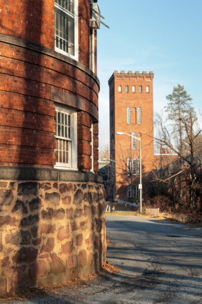 Two brick buildings on the campus of the Harrisburg State Hospital in Pennsylvania