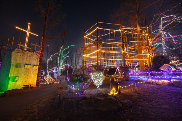 Ropes Course and lights during Christmas at Refreshing Mountain in Lancaster County PA