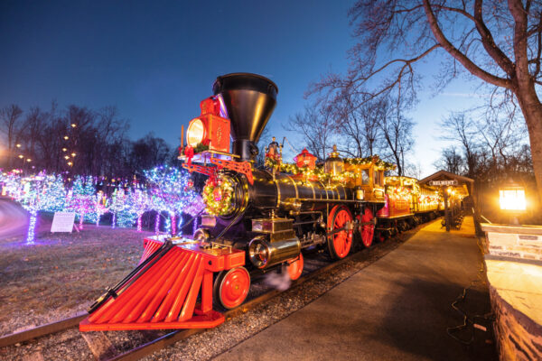 Light covered train at the Christmas Drive Through at Stone Gables Estate in Lancaster County Pennsylvania