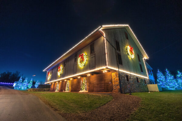 Light covered barn seen at Christmas at Stone Gables in Elizabethtown Pennsylvania