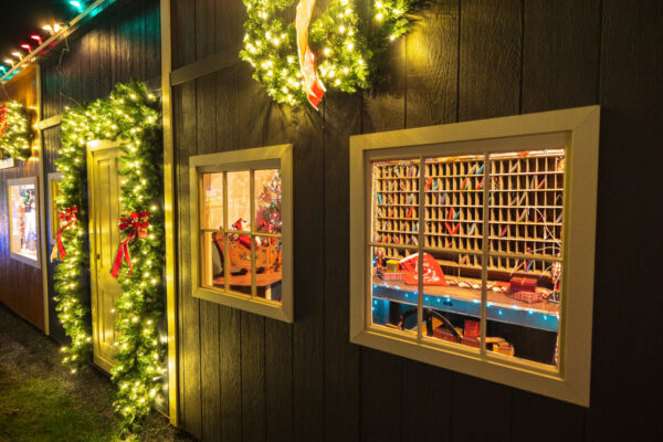 Looking through windows at a diorama at the Village of Lights near Elizabethtown, Pennsylvania