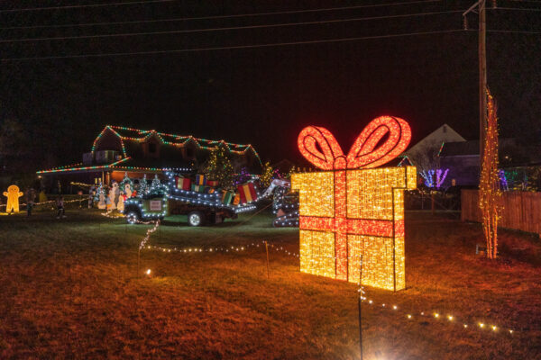 Lit package and barn at the Village of Lights at Historic Acres of Hershey in Dauphin County PA