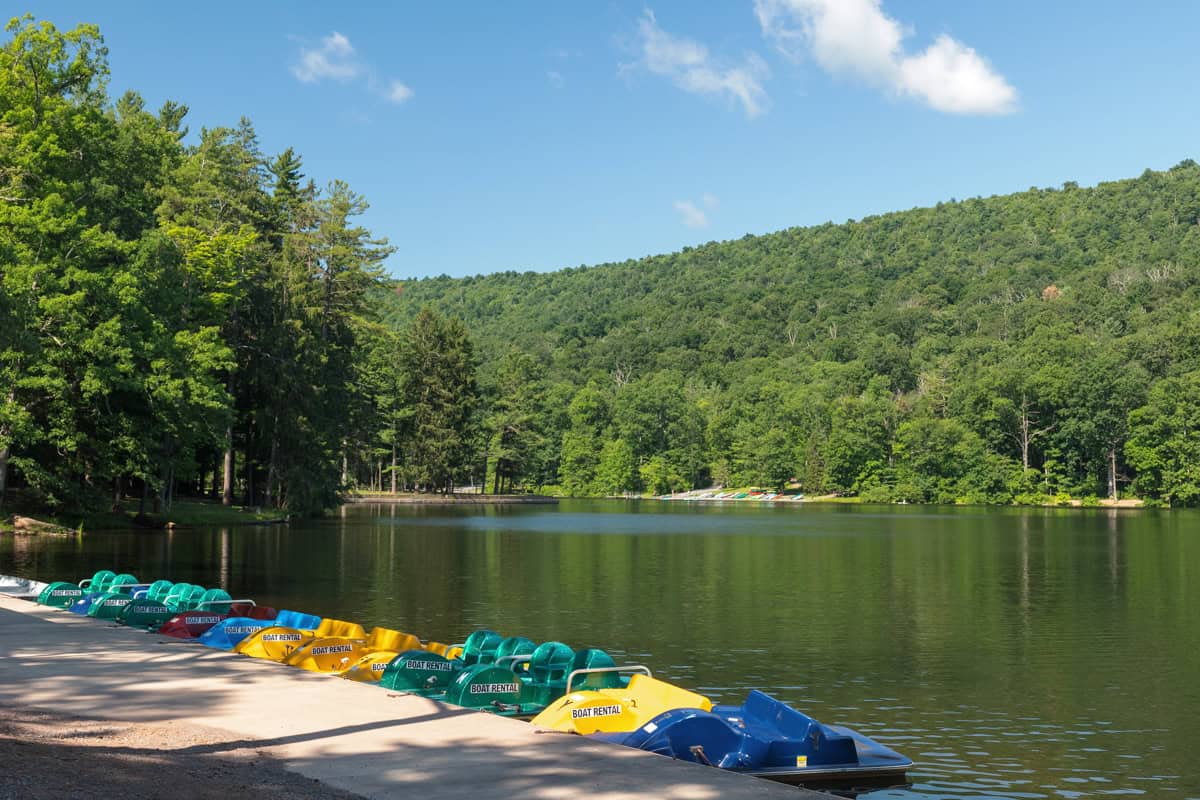 Boats line the shores of the lake in Cowans Gap State Park in Fulton County PA