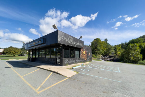 Carley Brook Falls is located directly behind Black and Brass Coffee Roasting in Wayne County, PA.