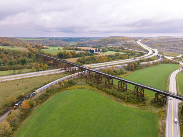 Drone photo showing the Salisbury Viaduct crossing many things in the Casselman River Valley near Meyersdale, Pennsylvania.