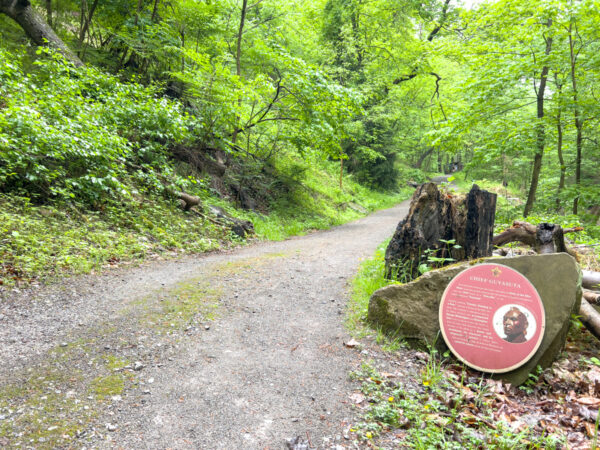 Historic sign along the trail to Washboard Falls at Camp Guyasuta in Pennsylvania