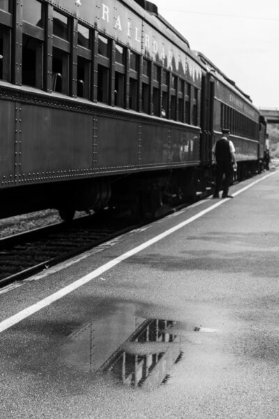 Black and white photo of train cars on the Everett Railroad in Blair County PA