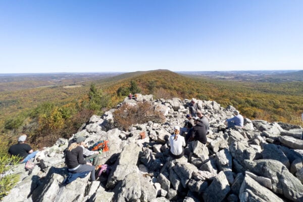 Boulders and fall foliage at the North Lookout at Hawk Mountain Sanctuary in PA