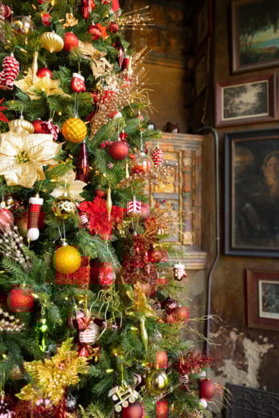 Close up of a decorated Christmas tree during Holidays at Fonthill Castle