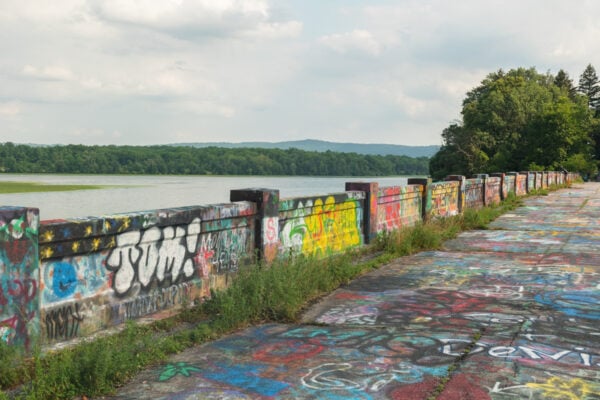 Graffiti Bridge with Lake Ontelaunee in the background in Berks County PA