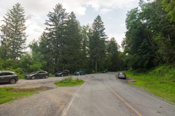 Cars parked along the road at Ontelaunee Reservoir near Graffiti Bridge near Shoemakersville PA