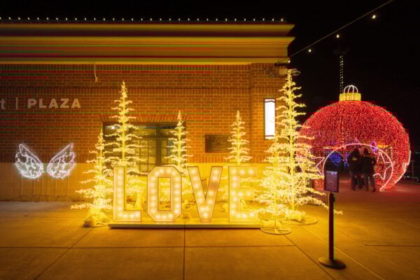 Love sign and giant ornament during Illumination at Coca Colage Park in Lehigh County PA