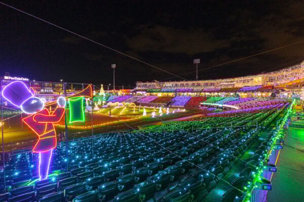 Baseball field covered in Christmas lights at Illumination at Coca Cola Park in Allentown PA