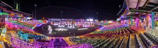 Panoramic image of the Christmas lights at Bright Nights in York Pennsylvania