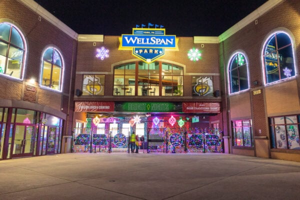 Entrance to WellSpan Park lit up for Bright Nights in York, PA