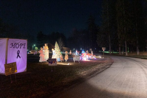 Displays sit alongside the road at Christmas in the Park in Grove City PA