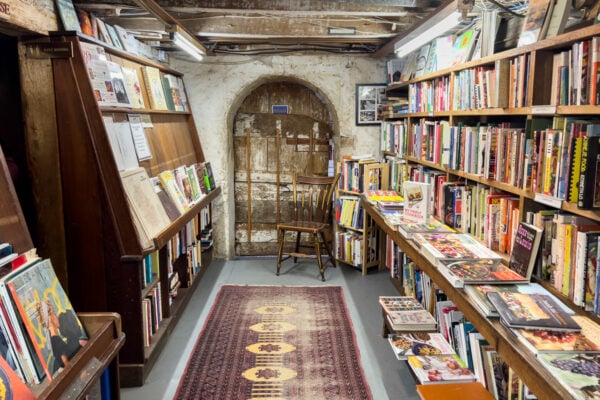 Book lined shelves inside of Baldwin's Book Barn in West Chester, PA