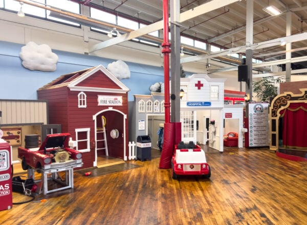 Row of wooden playhouses for kids at Tiny Town in Lancaster PA