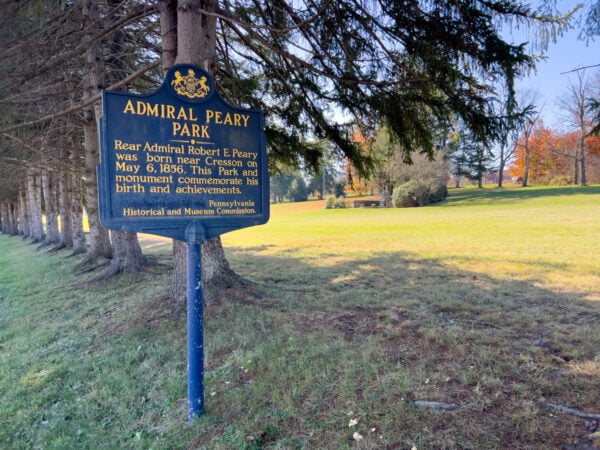 Blue historic marker at Admiral Peary Park in Cresson PA